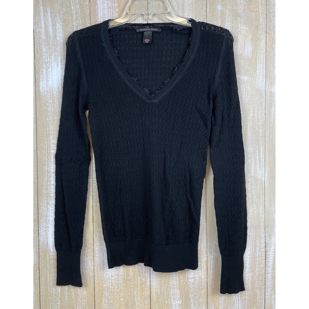 Victoria’s Secret Black V-neck  Lightweight Pullover Size M Fringe Trim